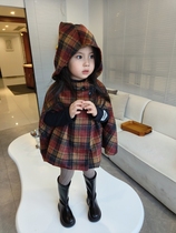 Girls coat pointed hat plaid quilted thickened wool coat cloak 2023 autumn and winter new foreign trade childrens clothing