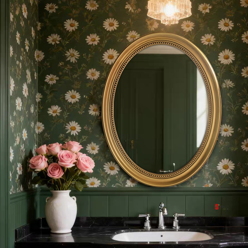 French-Style Retro Oval Bathroom Mirror Wall-Mounted Decorative Mirror Frame Bathroom Mirror Smart Led with Light