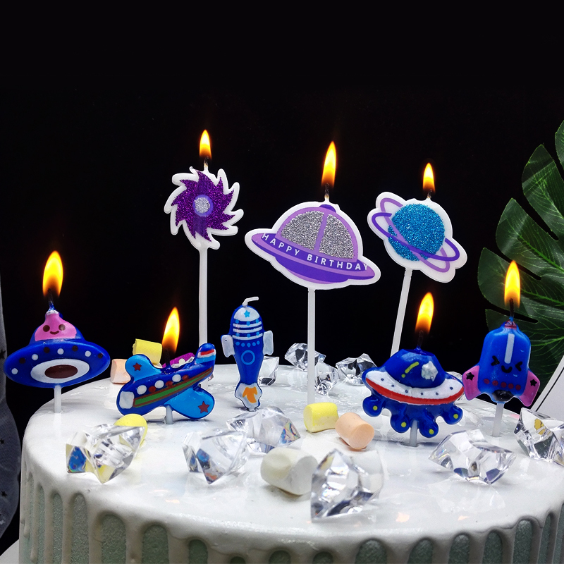 Birthday Candle Planet Black Hole Flying Saucer Ufo Spaceship Cartoon Universe Alien Boy Cake Decoration Party
