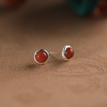 925 sterling silver natural southern red agate polka dot earrings sleep without picking retro style Lady small earrings female earrings