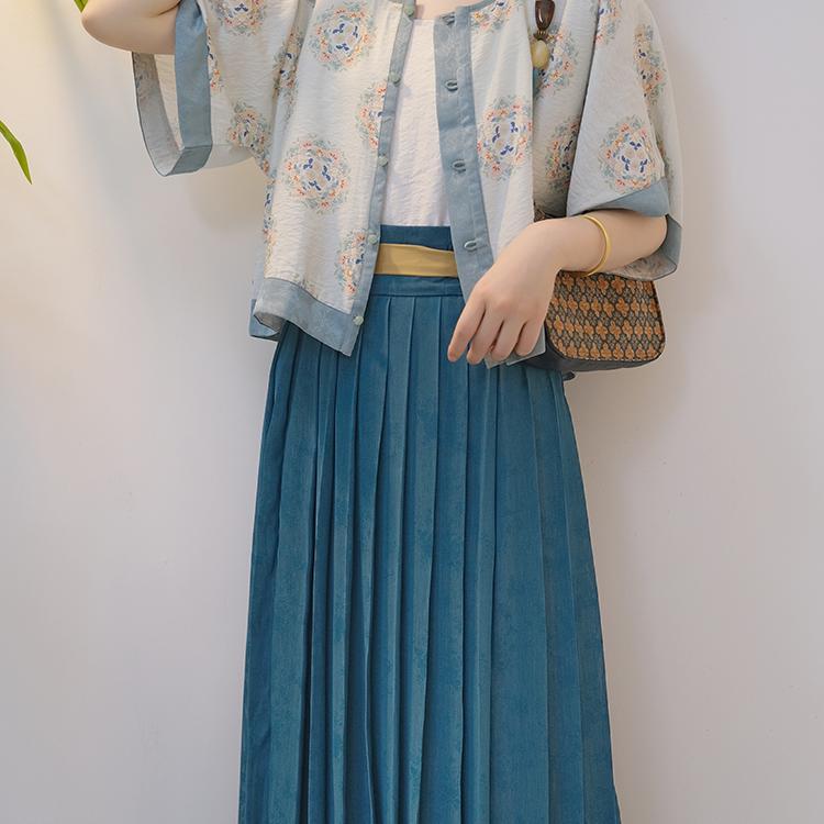 シルク織り【青山】唐装 吊り襟 半袖 丸花 オリジナル 春夏
