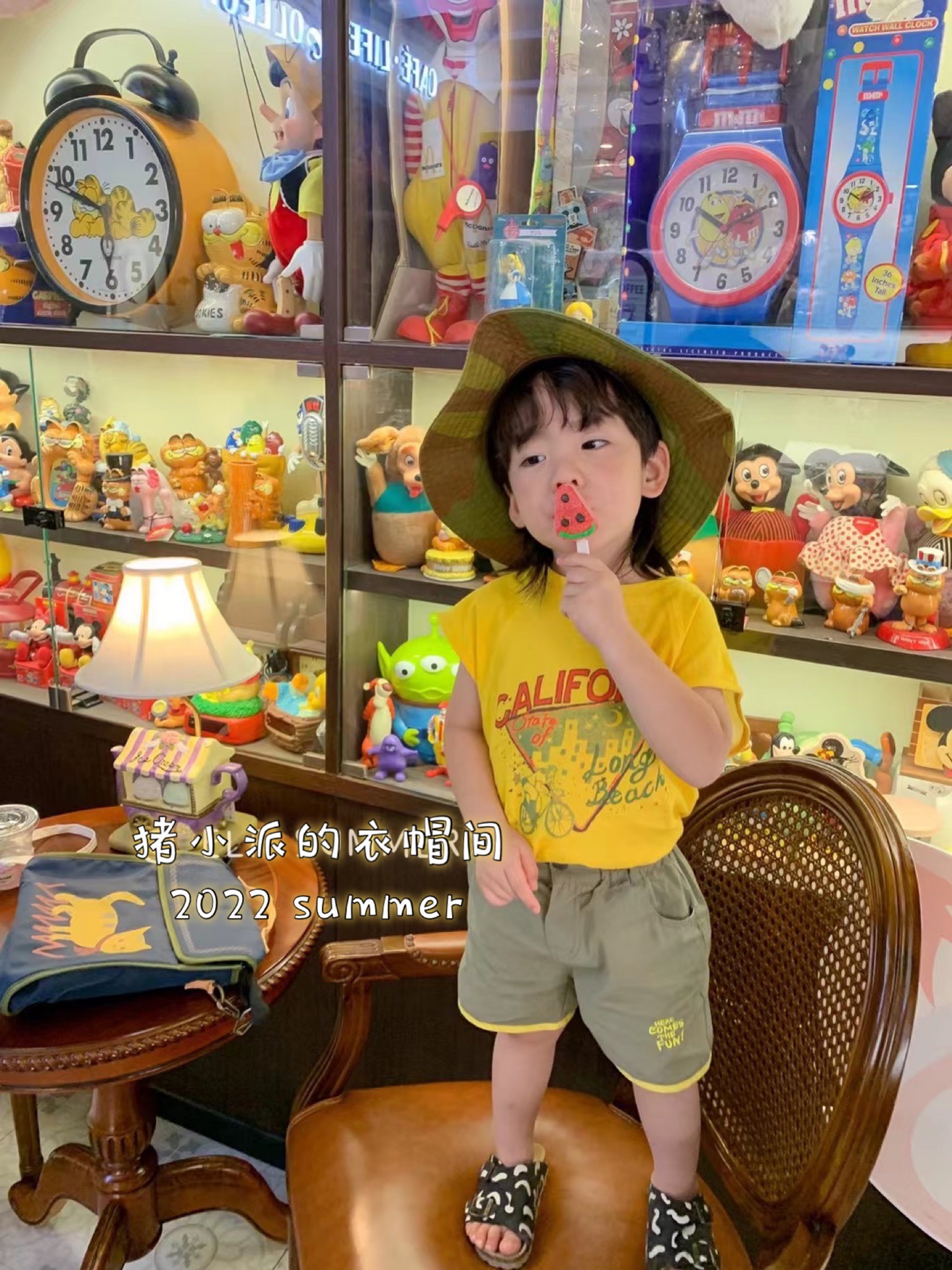 Pig Small Pie 2022 Spring Summer Men's Children Loaded Cartoon Yellow T-shirt Sleeveless Military Green Shorts Korea Suit Spot