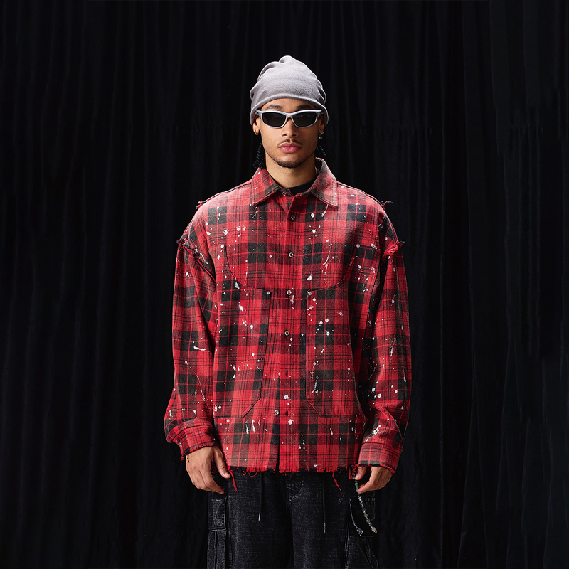 Labt Plaid Splash-Ink Black and Red Plaid Classic Long-Sleeved Shirt Loose Retro Pure Cotton Lapel Tassel Striped Shirt
