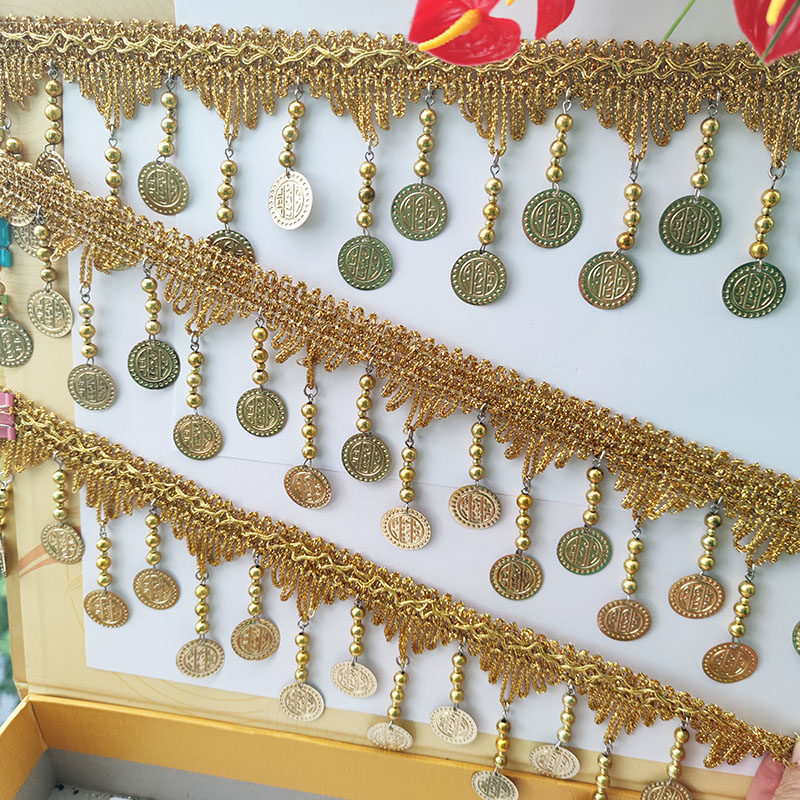 Manufacturer direct sales 6cm gold and silver color handmade sequins string bead bell Lace Pan Lace Latin belly leather dance accessories Recommended