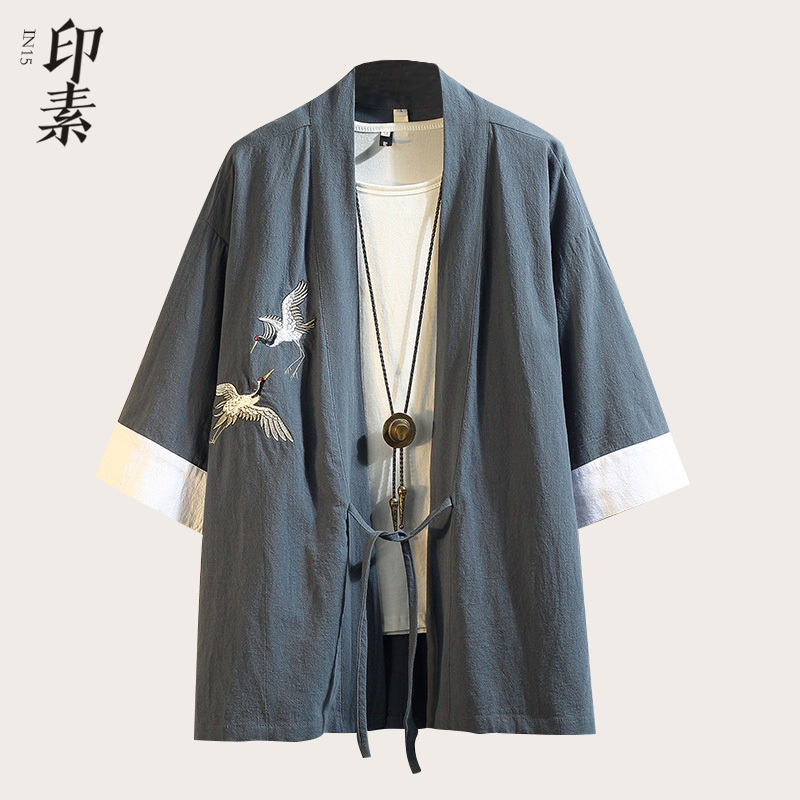 Ancient Style Summer Chinese Style Crane Embroidery Linen Jacket Hanfu Men's Ancient Costume Loose Cotton and Linen Layman's Robe Taoist Clothing