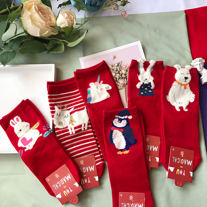 Phim hoạt hình dễ thương năm sinh vớ sinh viên vớ cotton Giáng sinh vớ ống vớ mùa đông ấm đỏ vớ phụ nữ tất nữ hàn quốc