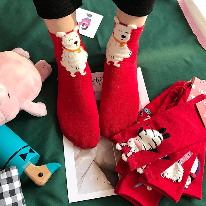 Phim hoạt hình dễ thương năm sinh vớ sinh viên vớ cotton Giáng sinh vớ ống vớ mùa đông ấm đỏ vớ phụ nữ tất nữ hàn quốc