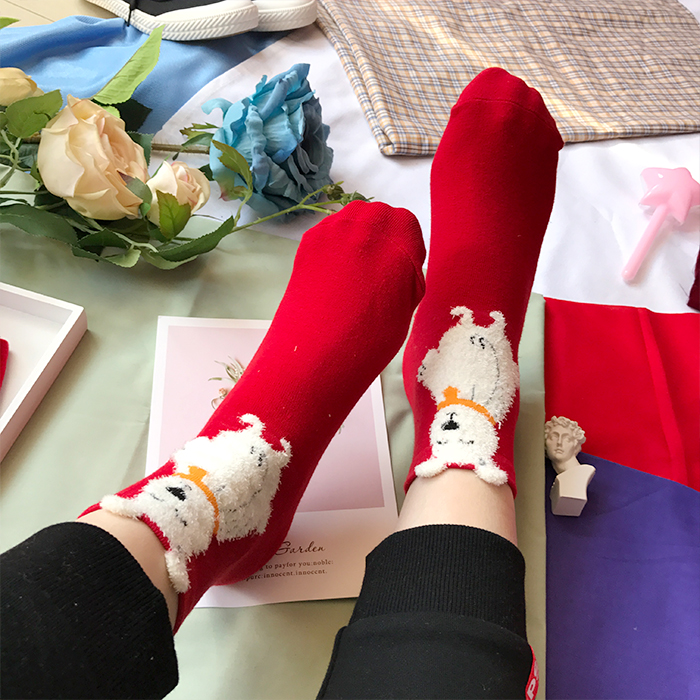 Phim hoạt hình dễ thương năm sinh vớ sinh viên vớ cotton Giáng sinh vớ ống vớ mùa đông ấm đỏ vớ phụ nữ tất nữ hàn quốc