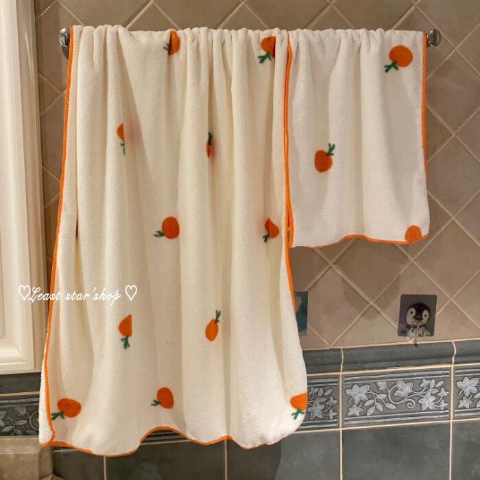 Cute Orange Large Bath Towel for Women, Absorbent and Quick-Drying, Couple Style, Pair of Wearable and Wrapable Home-Use Pure Cotton Two-Piece Towel Set