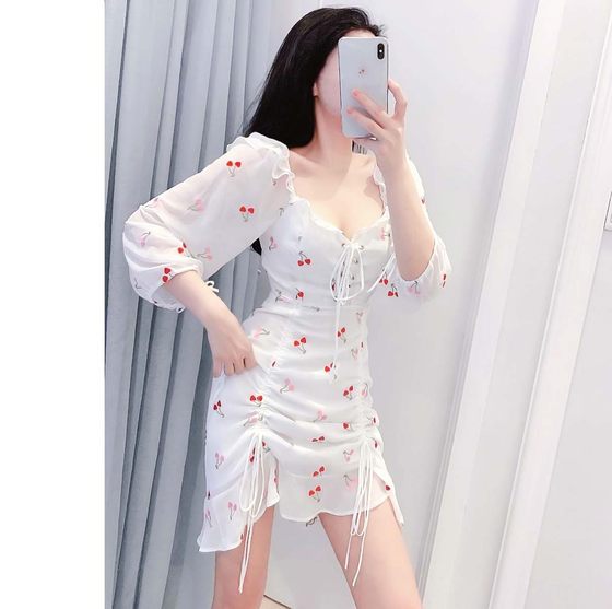 Early spring lantern sleeve waist chiffon sweet cherry dress