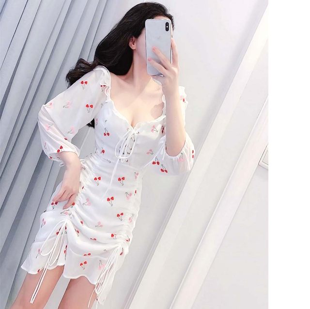 Early Spring Lantern Sleeve Waist Chiffon Sweet Cherry Dress