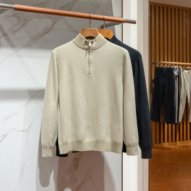 Eversley-Zane Two-Tone Jacquard Wool Blend Old Money Men's Half-Zip Stand Collar Knit Sweater Eversley-Zane Two-Tone Jacquard Wool Blend Old Money Men's Half-Zip Stand Collar Knit Sweater