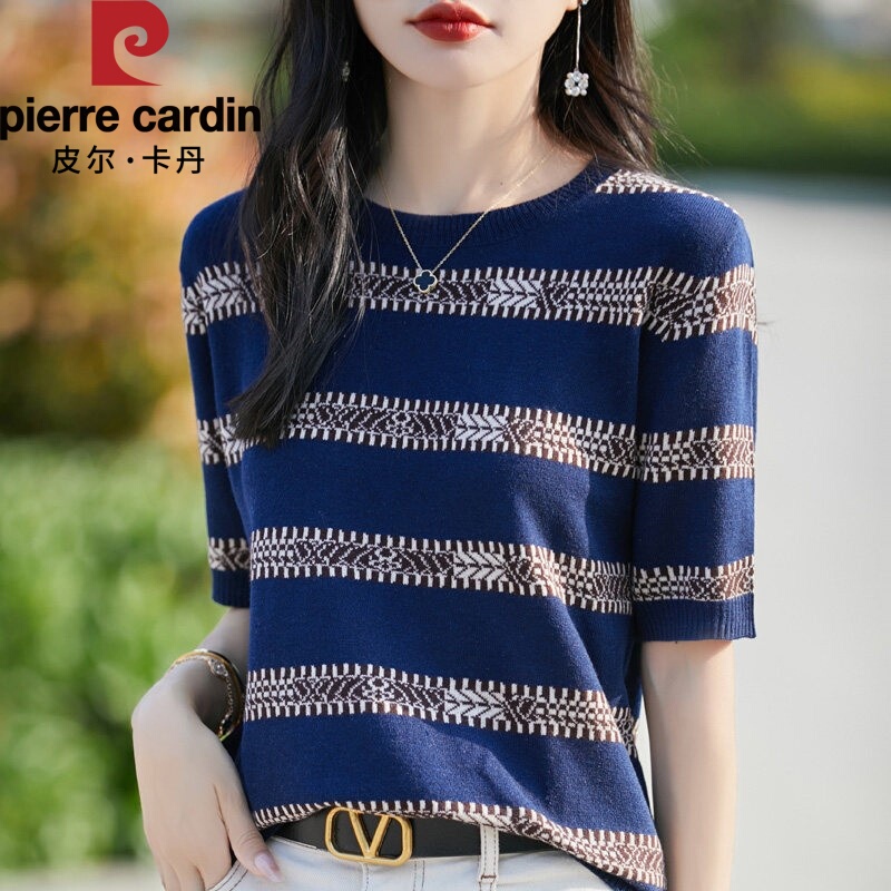 Pierre Cardin's New Summer Style Retro Fashion Contrasting Stripesd Knitted Round-Neck T-Shirt, Stylish Loose Short-Sleeved Top
