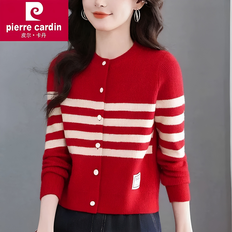 Spring and Autumn Wool Cardigan for Women 2026 New Style Round Neck Color-Block Striped Knitwear Short Coat Casual Style