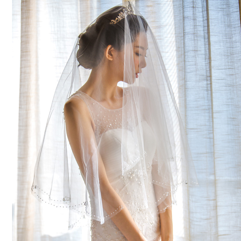 Veil wedding dress new Korean princess simple single-layer handmade beaded crystal small fresh cover veil short section