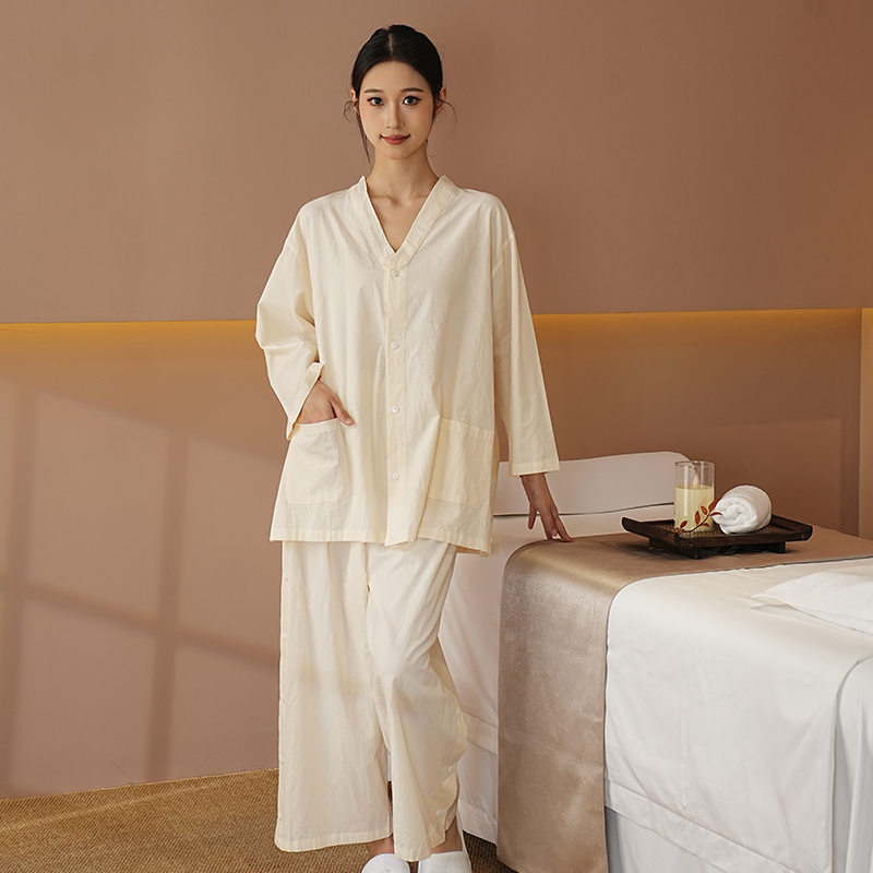 灸スーツ 純綿 前開き 後開き ボタン付き 汗蒸スーツ サウナ 漢方 理学療法 カッピング 鍼灸 マッサージ ゲストスーツ 美容院