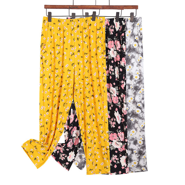 New floral plus fat plus size fat mm elastic casual mid-pants home loose slimming pants ເຈັດແປດ 200 ປອນ