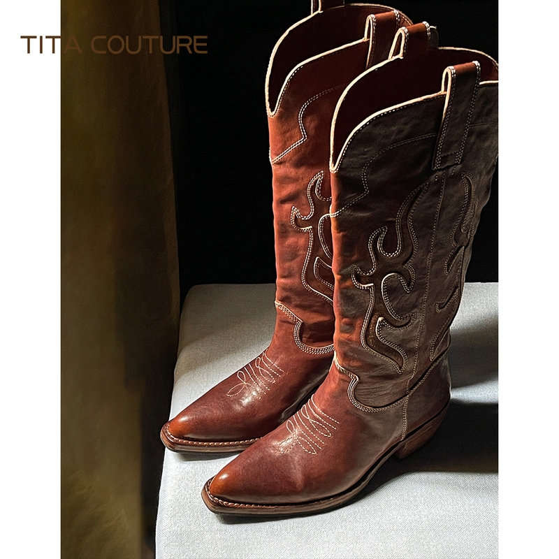 Titagd【Fire Dance】Heavy Embroidery Western Cowboy Boots 2026 Winter Pointed Toe High Heel Horse Leather High Boots for Women