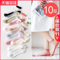 Socks women Summer socks shallow boat Socks summer thin crystal glass stockings cotton bottom Net red Daisy socks