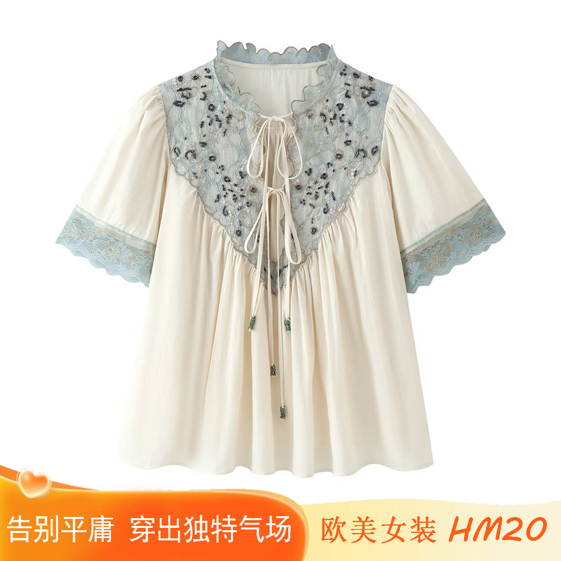 New Style Women's Clothing European and American Style Fashionable Lace Embroidered Textured Short-Sleeved Lace-Up Shirt 5107240