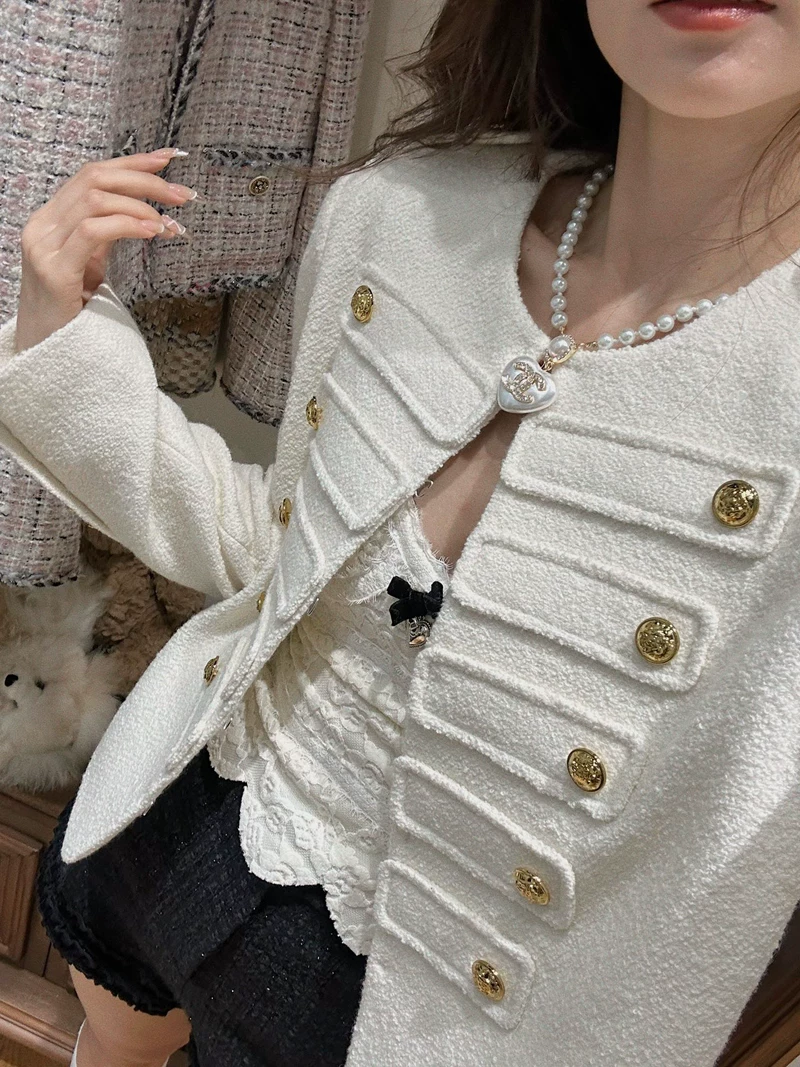 Белый шерстяной короткий жакет, стиль Chanel