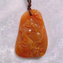 Changhua chicken blood stone Changhua field yellow stone thin art carving pure handmade one item one product Maitreya Buddha cloth bag monk