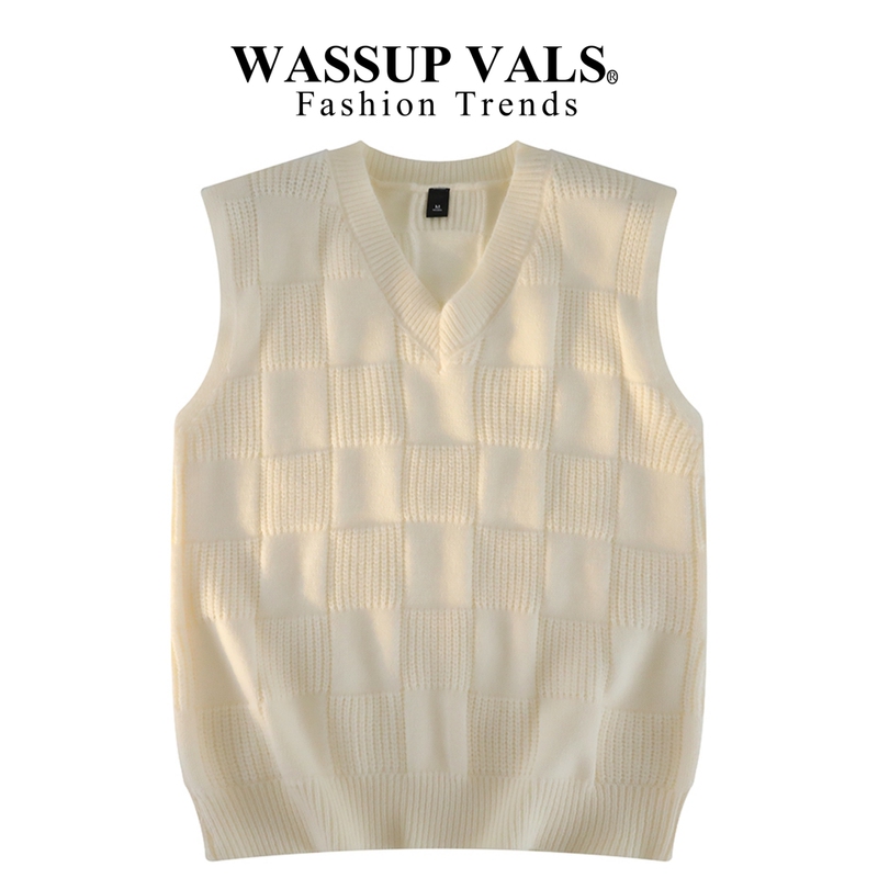 Wassup Vals New Autumn and Winter Sleeveless Knitwear for Men and Women, Plaid V Neck Loose Knitted Knitwear Pullover Vest