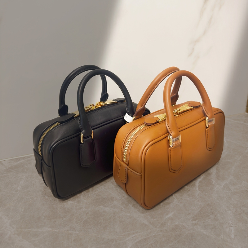 Miune&Miune Original Leather Chip Version Arcadie Bowling Bag in Cognac and Cedar Colors, Small and Medium Size Women's Handbag