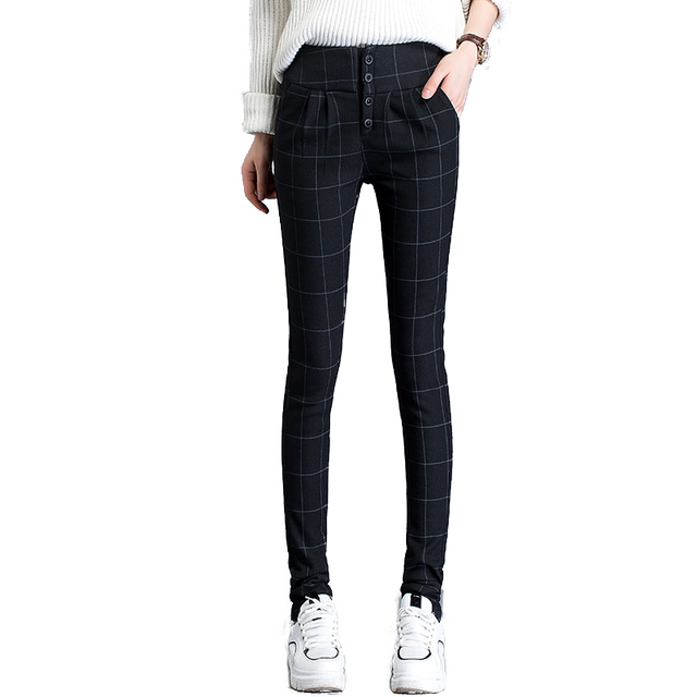 Spring and Autumn New Slim High Waisted Harem Plaid Pants Women's Korean Style Loose Black and White British Bottoming Small Leg Pants Stretch