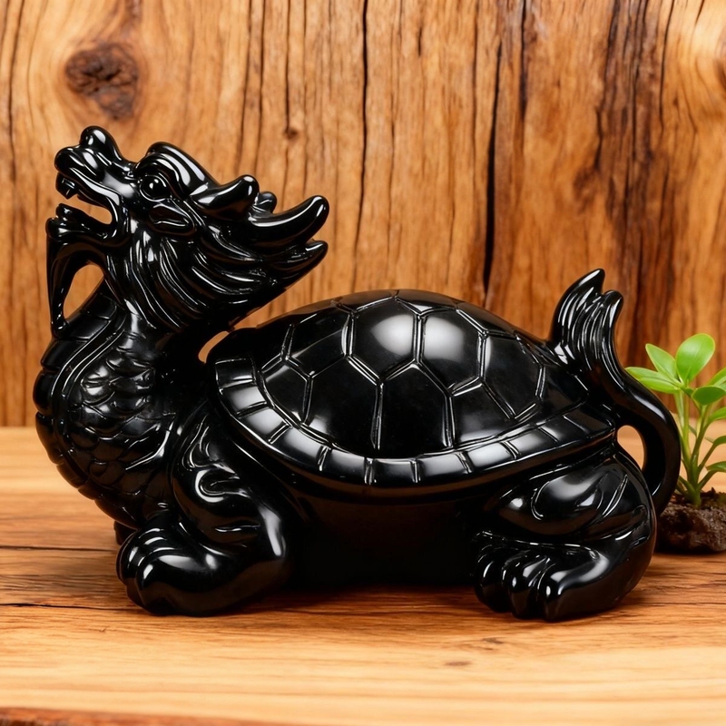 Natural Black Obsidian Jade Dragon Turtle Ornament, Black Jade Dragon Turtle for Attracting Wealth, Home Living Room Entrance Hall Office Decoration