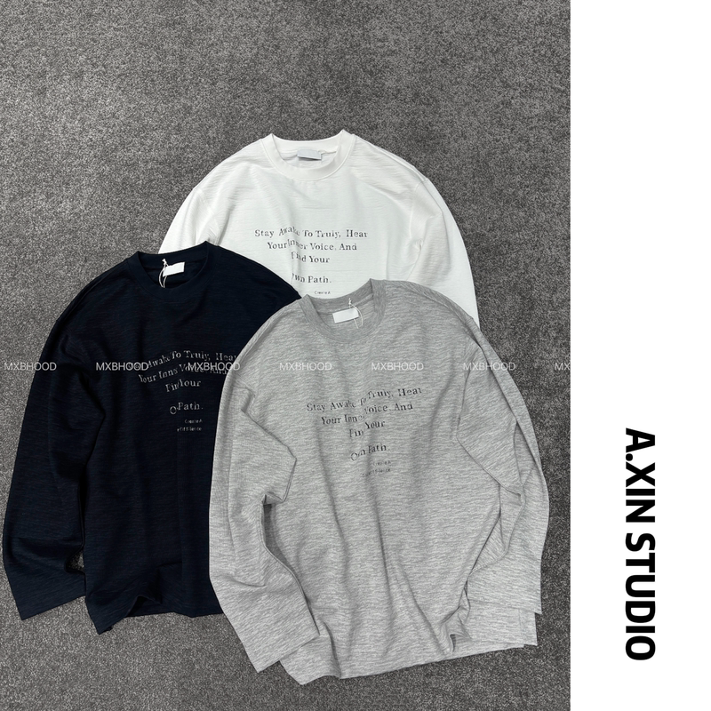 【Puff Bamboo Pattern Long T-Shirt】Autumn "Stay Awake" Textured Loose-Fit Versatile Long-Sleeve T-Shirt for Men