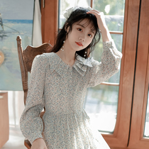 French first love sweet dress female summer 2021 new long sleeve chiffon floral skirt small man slim long skirt