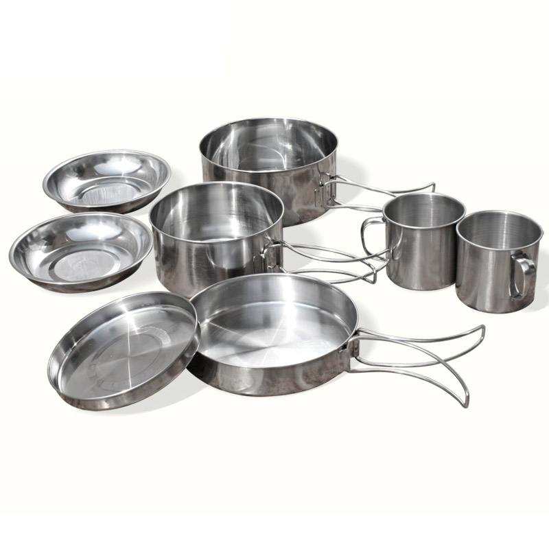 Outdoor 2-3 People stainless steel Folding Sleeve Pan 8 pieces cover Camping Equipment Suit Cover Pan