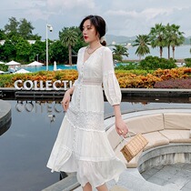 Summer white dress V-neck vintage French fairy skirt waist slim desert dress holiday beach dress