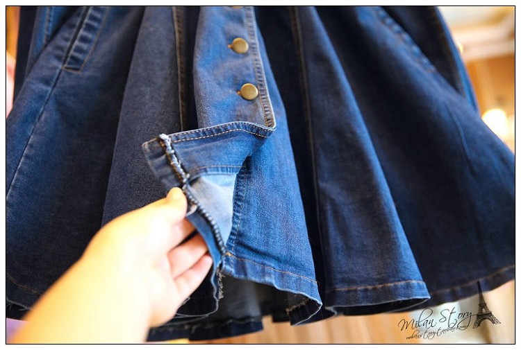 Chất béo MM kích thước lớn của phụ nữ tính khí ngọt ngào ve áo đơn ngực eo fluffy Một từ denim dài tay áo đầm áo kiểu nữ đẹp tuổi 35