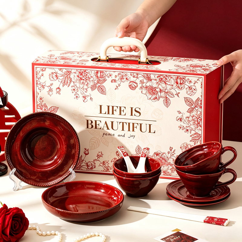 Ceramic Japanese-Style Tableware Set for Home Use, Bowls and Plates with a High-End Feel, Underglaze Color, Solid Red, Suitable for Housewarming, Wedding, or Business Gifts Ceramic Japanese-Style Tableware Set for Home Use, Bowls and Plates with a High-End Feel, Underglaze Color, Solid Red, Suitable for Housewarming, Wedding, or Business Gifts