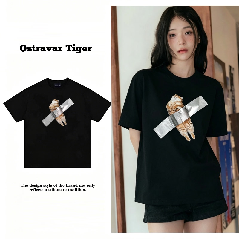 Officially Authorized Ostravar Tiger Cat Print Short-Sleeve Crew Neck T-Shirt for Men and Women Couples