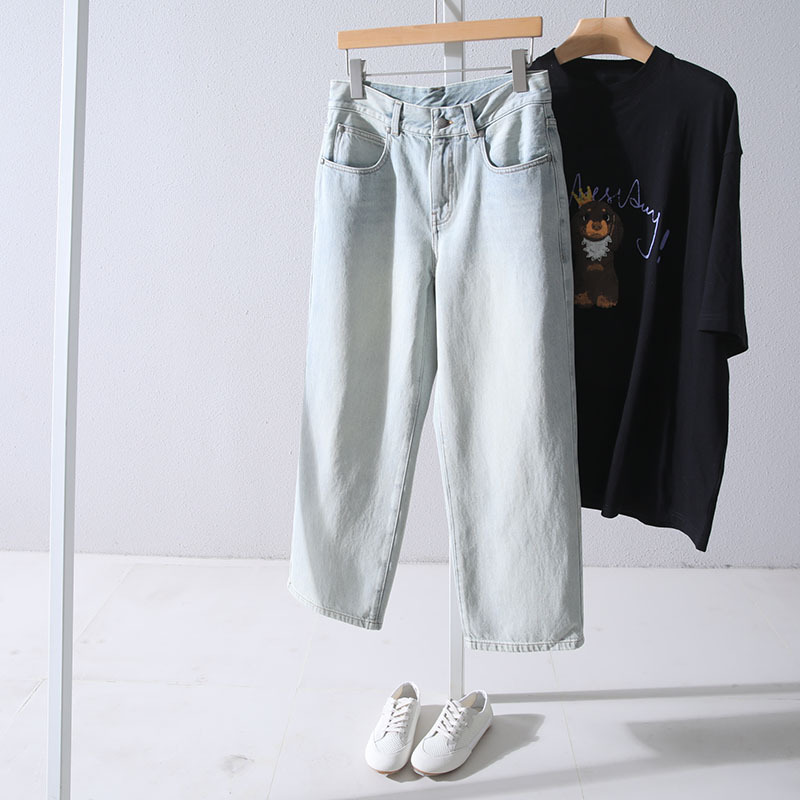Special! Turkish Pure Cotton, Faded Textured Gray-Blue Loose Straight-Leg Pants, 9/10 Length Women's Jeans