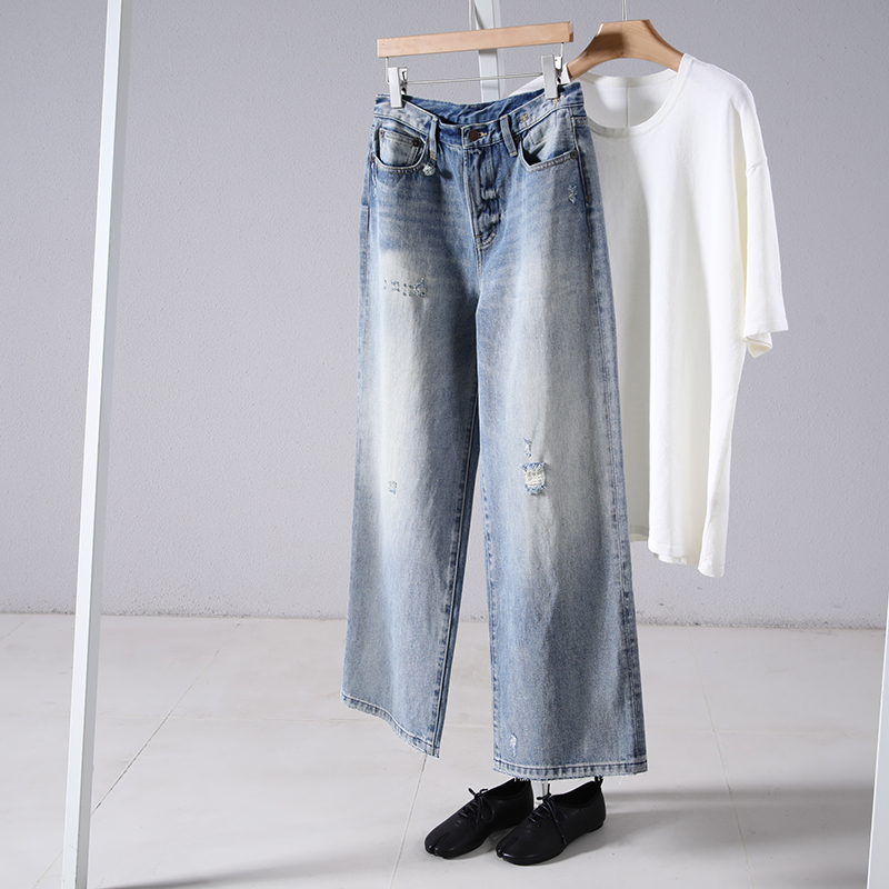 Turkish Pure Cotton, White Warp and Colored Weft, Distressed, Raw Hem, Loose Straight-Leg Ripped Jeans for Women