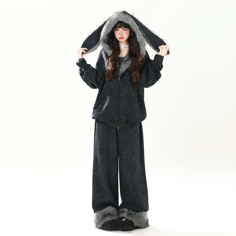 Enjog Gypsophila Plush Rabbit Ear Hooded Sweatshirt Set for Women, Fleece-Lined, Warm, Loose and Lazy Two-Piece Set for Autumn and Winter Enjog Gypsophila Plush Rabbit Ear Hooded Sweatshirt Set for Women, Fleece-Lined, Warm, Loose and Lazy Two-Piece Set for Autumn and Winter