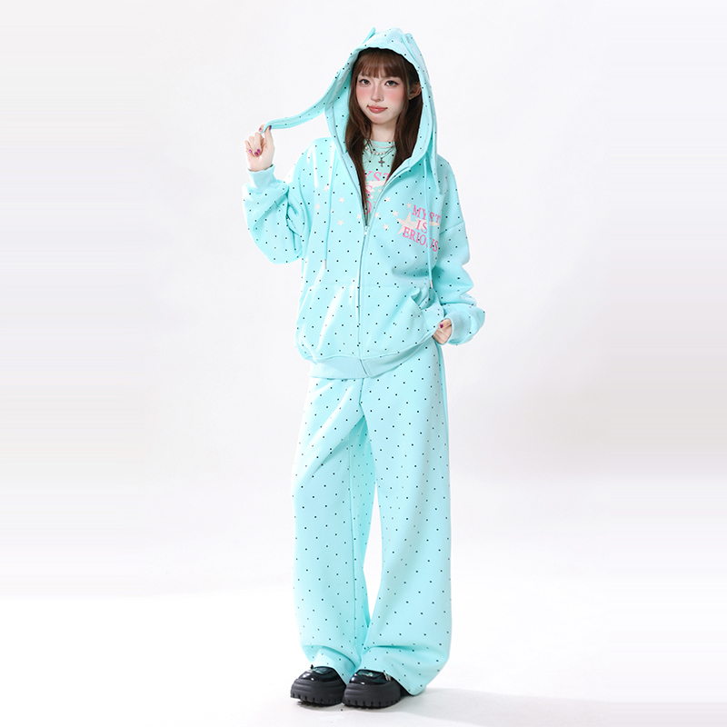 Enjog Mint Green Polka Dot Bunny Ear Hooded Sweatshirt Set for Women, New Design, Niche, Loose and Lazy Jacket