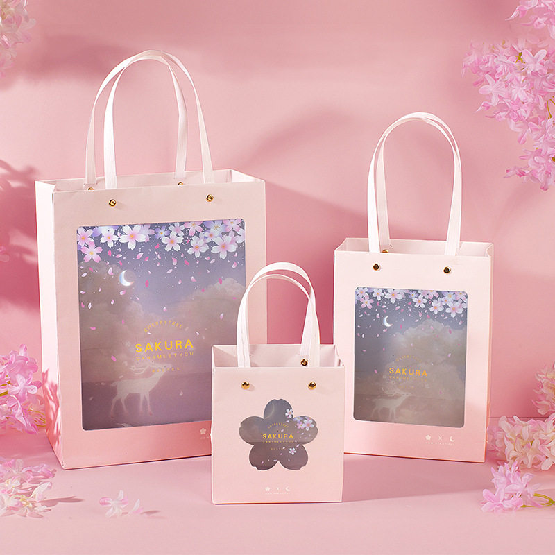 Miss Card Pink pink Cherry Blossom Gift Bag Gift Bag Birthday Send teacher Cosmetic Fresh minimalist Handbags