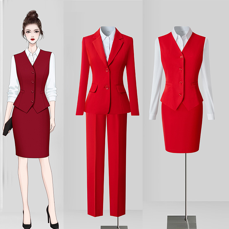 Professional Suit Vest Set for Women, Spring, Autumn and Winter, Red Work Uniform, Choir, Gong and Drum Team, Drum Performance Costume Professional Suit Vest Set for Women, Spring, Autumn and Winter, Red Work Uniform, Choir, Gong and Drum Team, Drum Performance Costume
