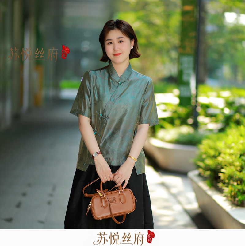 Spring and Summer New Style Cool Mulberry Silk Flowing Silk Short-Sleeved T-Shirt Chinese Style Stand-Up Collar Silk Shirt Young Brand Top Spring and Summer New Style Cool Mulberry Silk Flowing Silk Short-Sleeved T-Shirt Chinese Style Stand-Up Collar Silk Shirt Young Brand Top