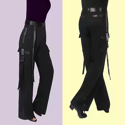 Men and women with the same Latin dance pants pocket pants modern dance ribbon three-step stepping on Gitba pants sailor dance social dance