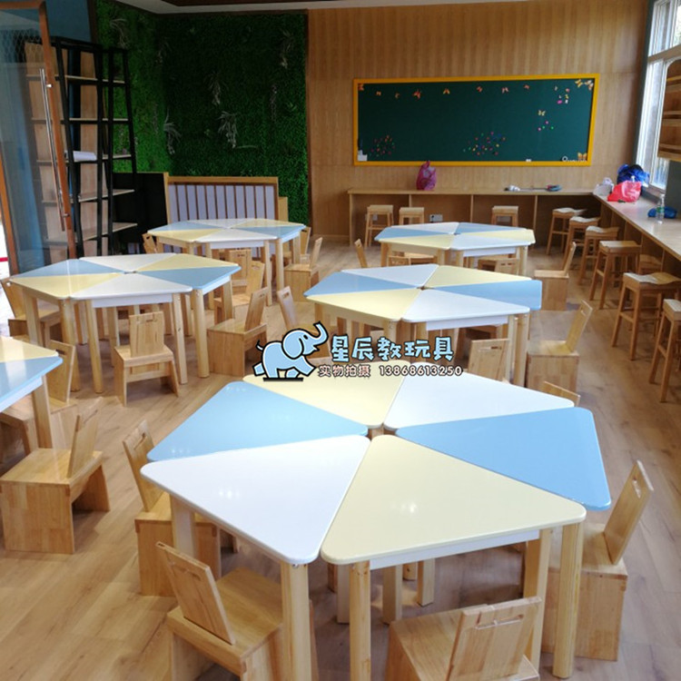 Kindergarten solid wood triangle table combination can be spliced fine art drawing table for children reading learning desk chair