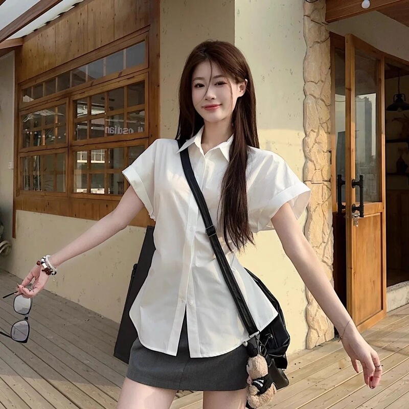 Korean-Style Tie-Up White Short-Sleeved Shirt 2026 Summer Design Waist-Cinching Slimming Shirt Simple and Fashionable Top for Women Korean-Style Tie-Up White Short-Sleeved Shirt 2026 Summer Design Waist-Cinching Slimming Shirt Simple and Fashionable Top for Women