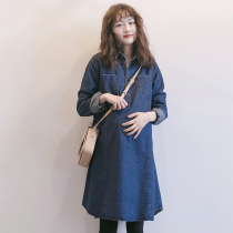 Pregnancy Woman Dress Spring Summer Autumn Dress dress Dress Denim Shirt Mid long sleeves jacket Pregnancy Blue Retro Wind