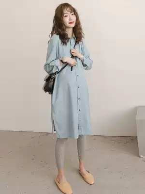 Pregnant women's shirt skirt spring and autumn loose Korean version of medium and long version of tide Mother denim cotton shirt jacket dress ~ Jing Ling