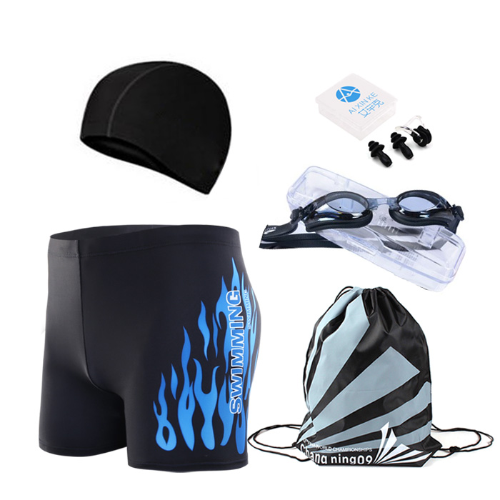 Swimming trunks men's anti-embarrassment large size flat angle men's swimsuit quick-drying hot spring five-point swimming trunks goggles swimming cap set equipment